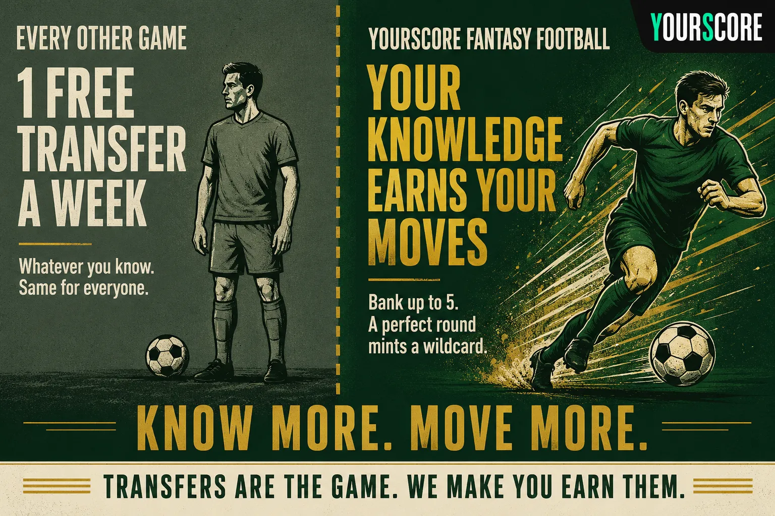 Every other fantasy game rations transfers to one a week; in YourScore Fantasy Football your knowledge earns your moves