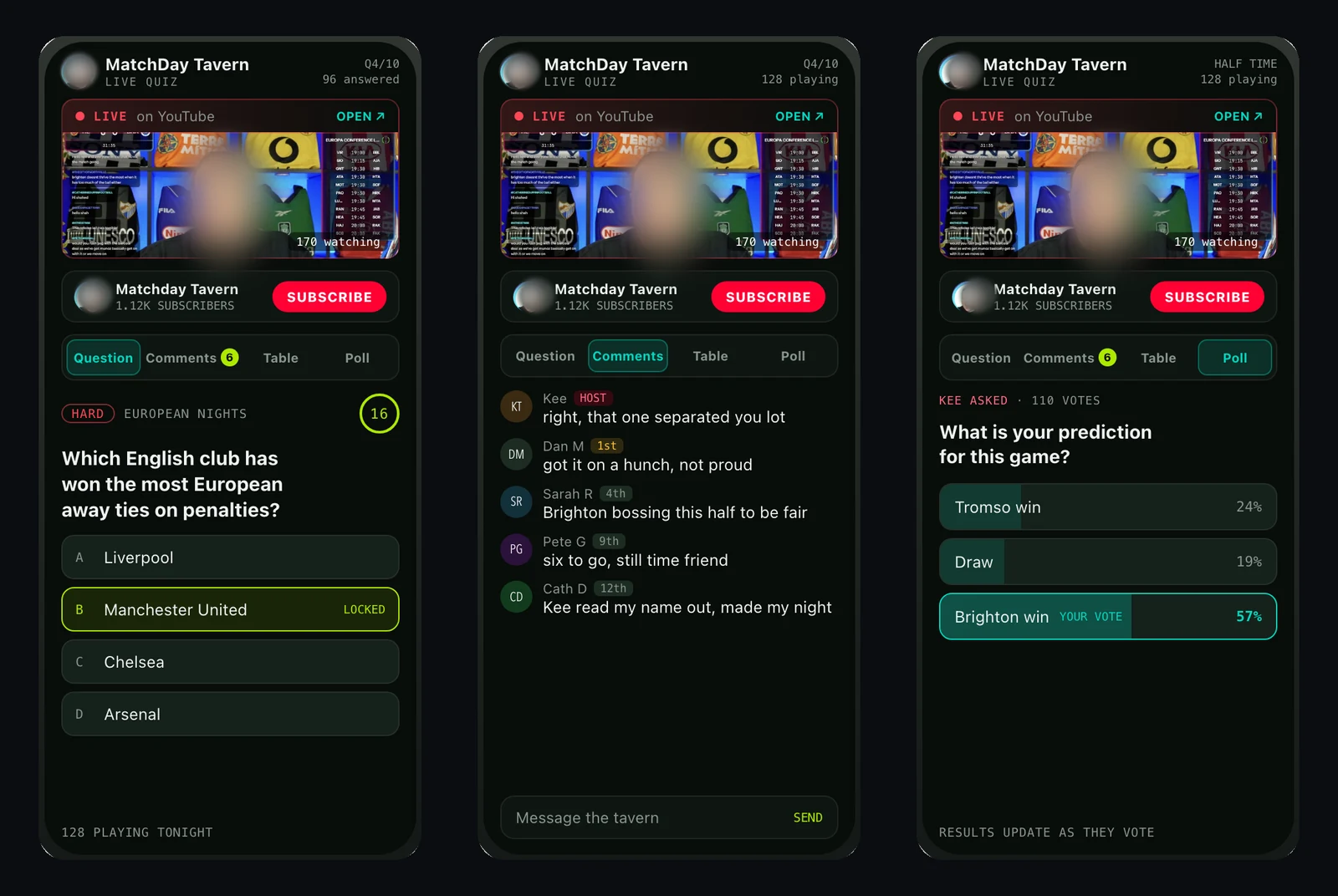 A creator's hub: the live stream at the top, and under it the question, the comments, the table and the poll