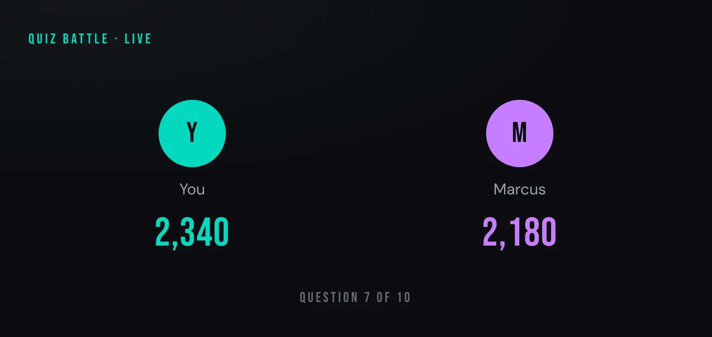 A live quiz battle, two players mid round