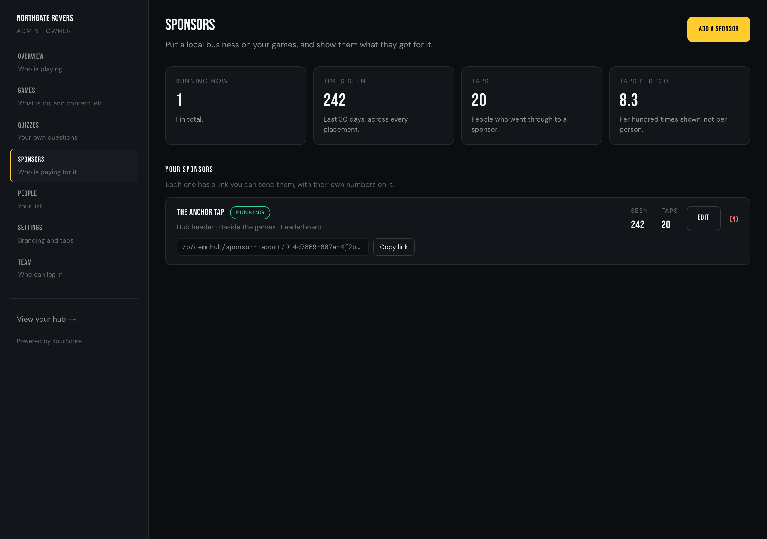 A sponsors screen showing one sponsor with times seen, taps and a shareable report link
