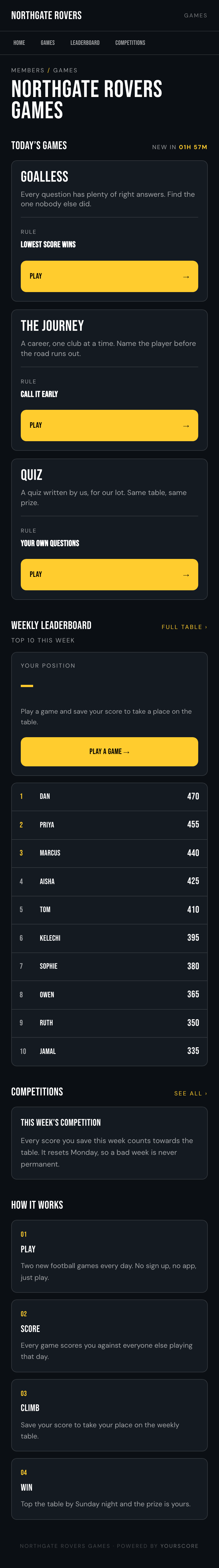 A games hub on a phone showing three games and a weekly table